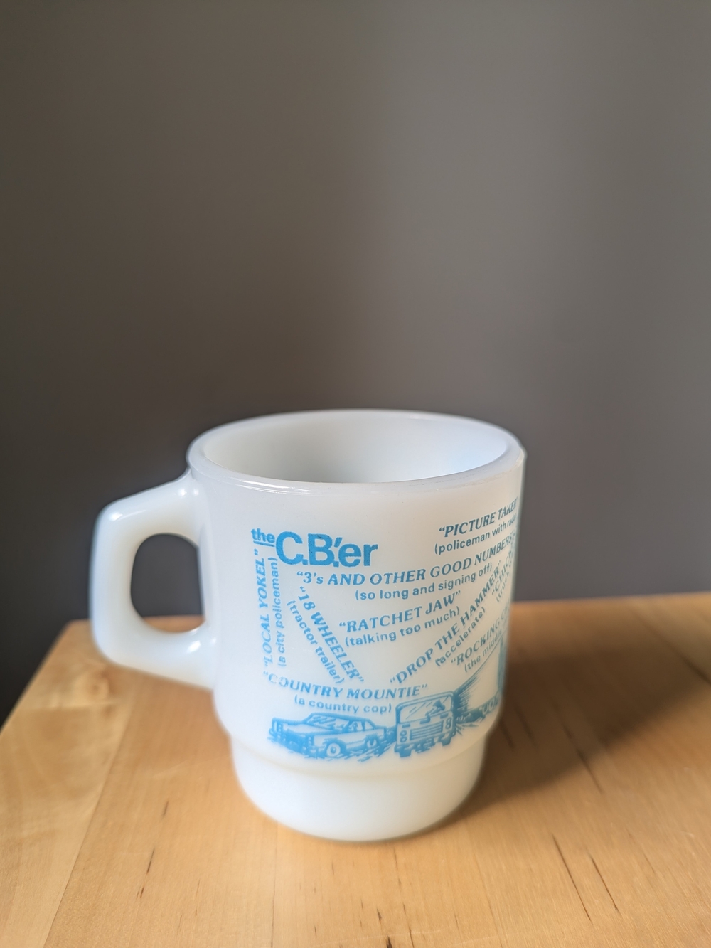 Vintage Fire King Milk Glass CB Trucker Slang Stacking Mug